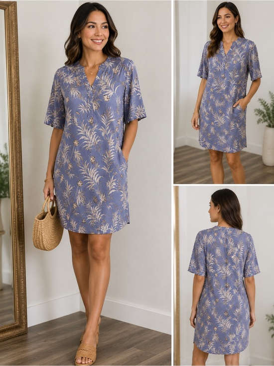 Other - Blue Floral Short-Sleeve V-Neck Swim Coverup Dress